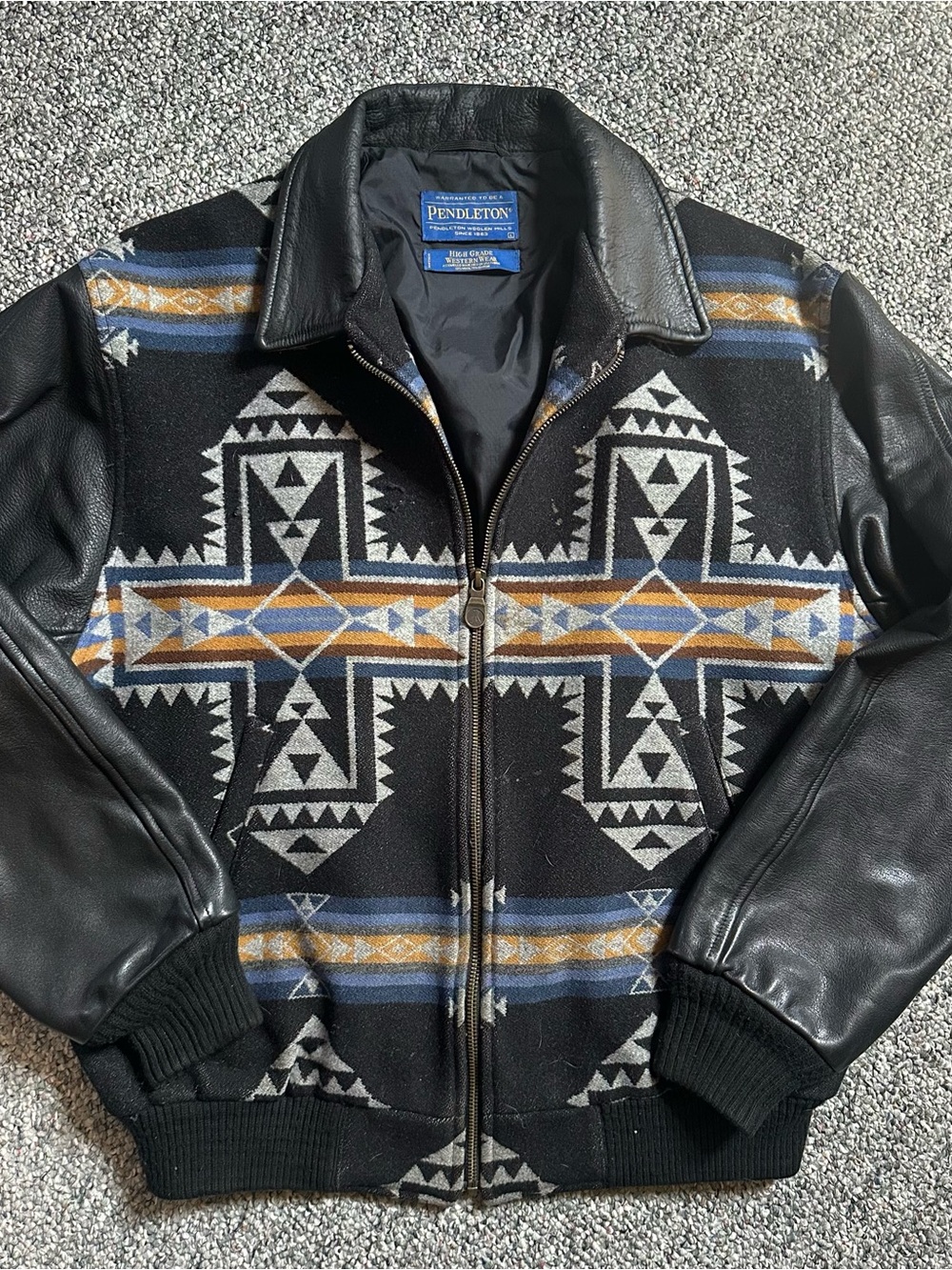 Pendleton Black Aztec Wool & Leather Zip-Up Jacket with Blue and Gold Accents